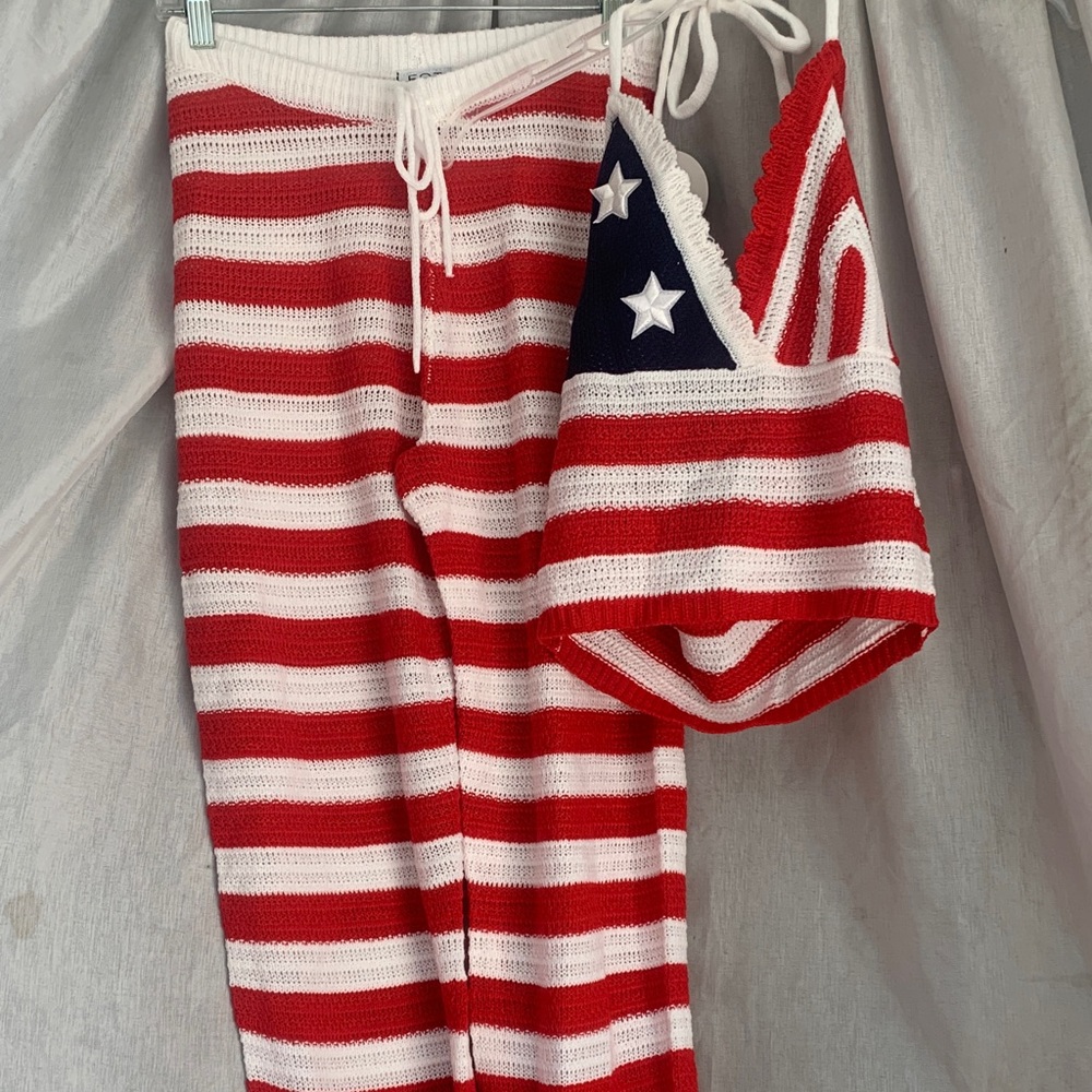 Women's Red & White Striped Crochet Tank Top and Pants Set